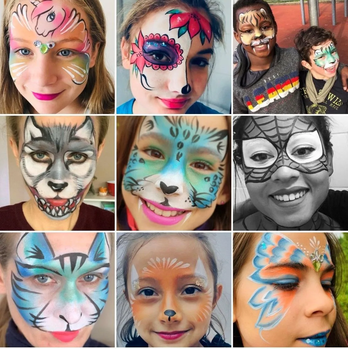 Maquillages artistiques réalisés par Ja Face Painting : papillons, animaux, super-héros